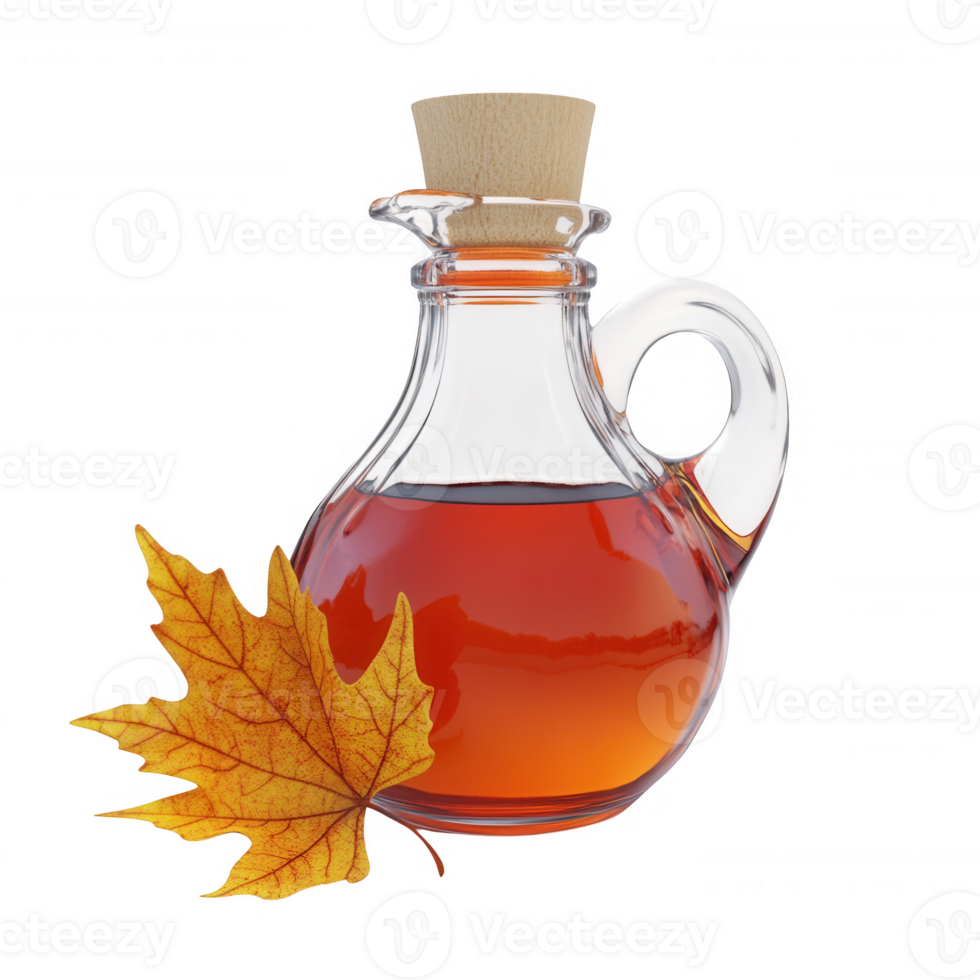 A glass jar of maple syrup with an autumn leaf, capturing nature's sweetness. png