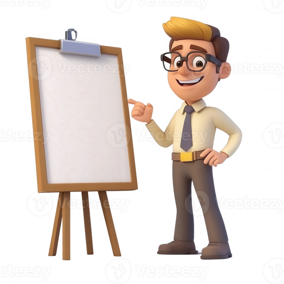 Cheerful man presenting ideas on a blank board for business presentations. png