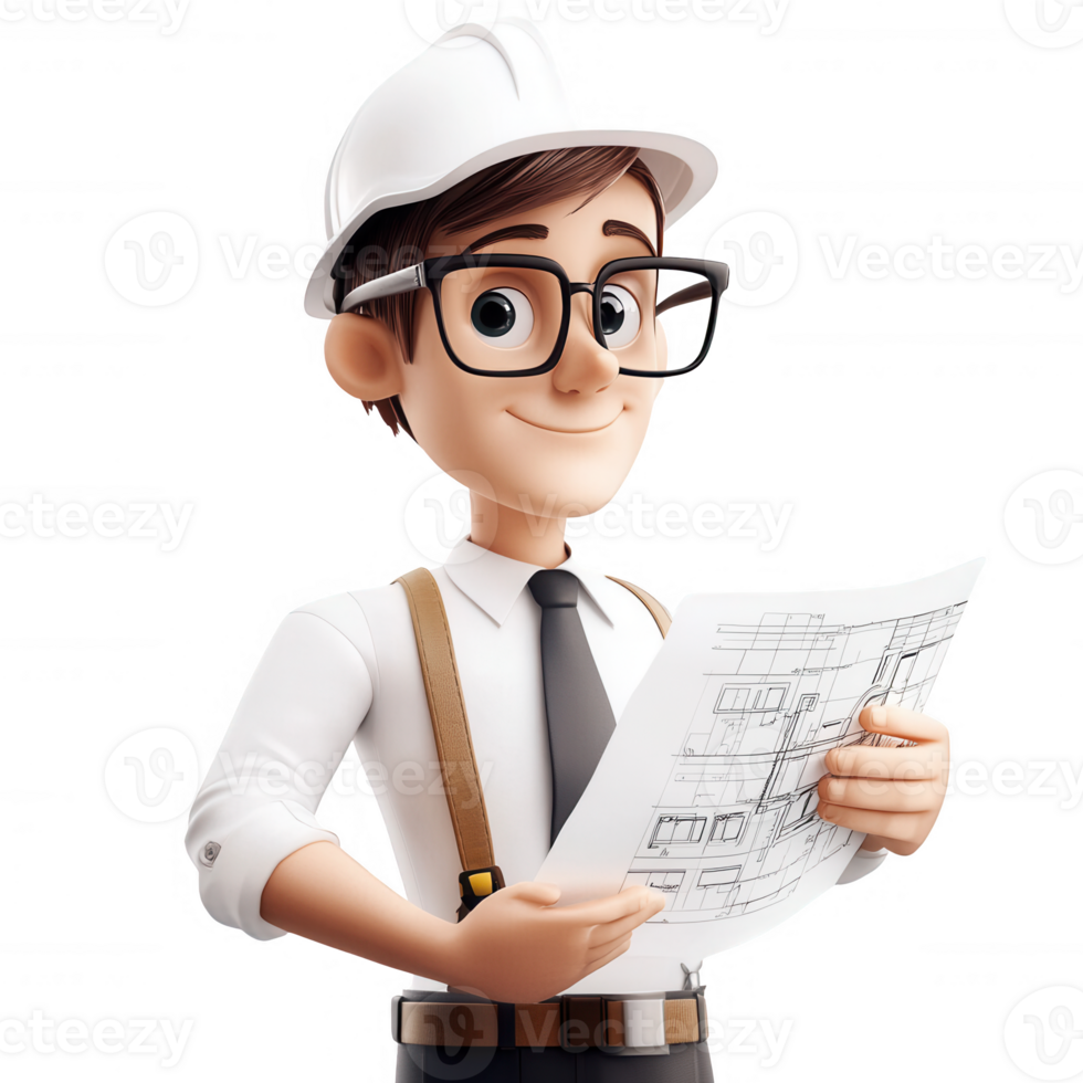 A cartoon architect holding blueprints with a smile and glasses. png