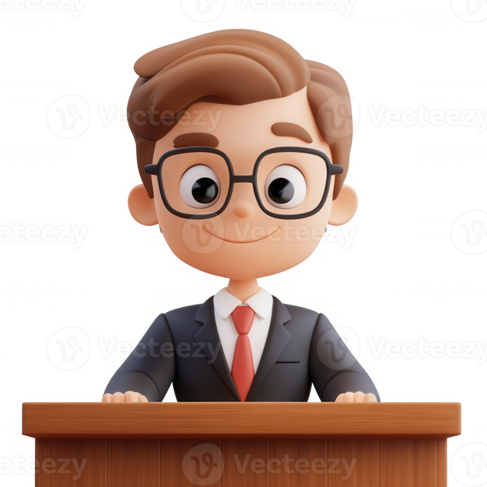 A friendly cartoon character presenting confidently at a podium. png