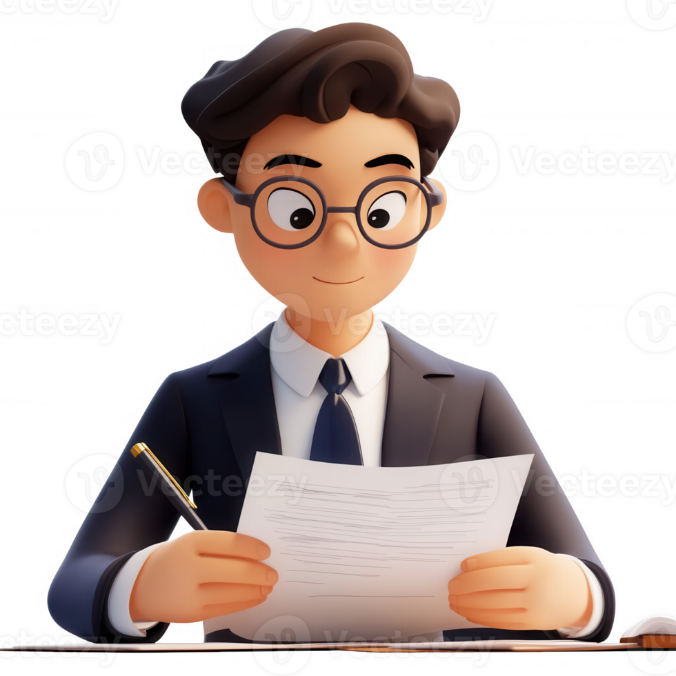 A young man in a suit reviews paperwork with a focused expression at his desk. png