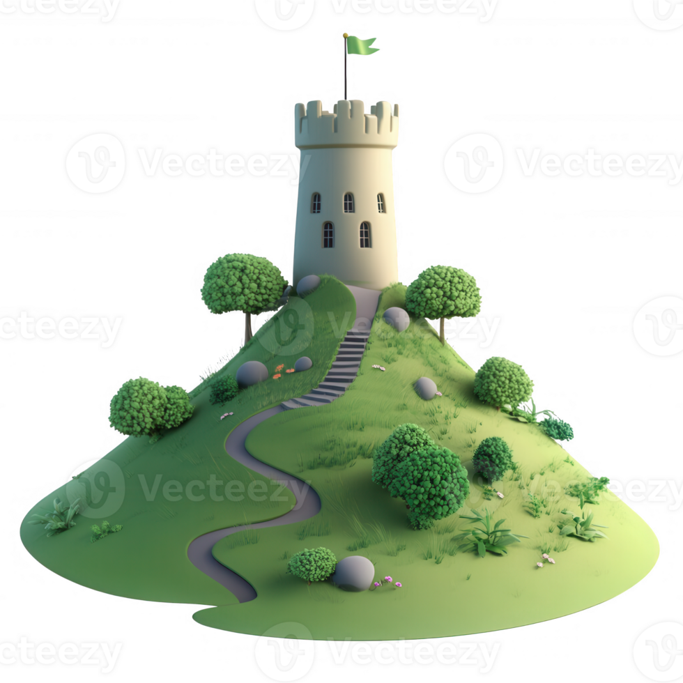 A whimsical castle atop a green hill with trees and a winding path, inviting adventure. png