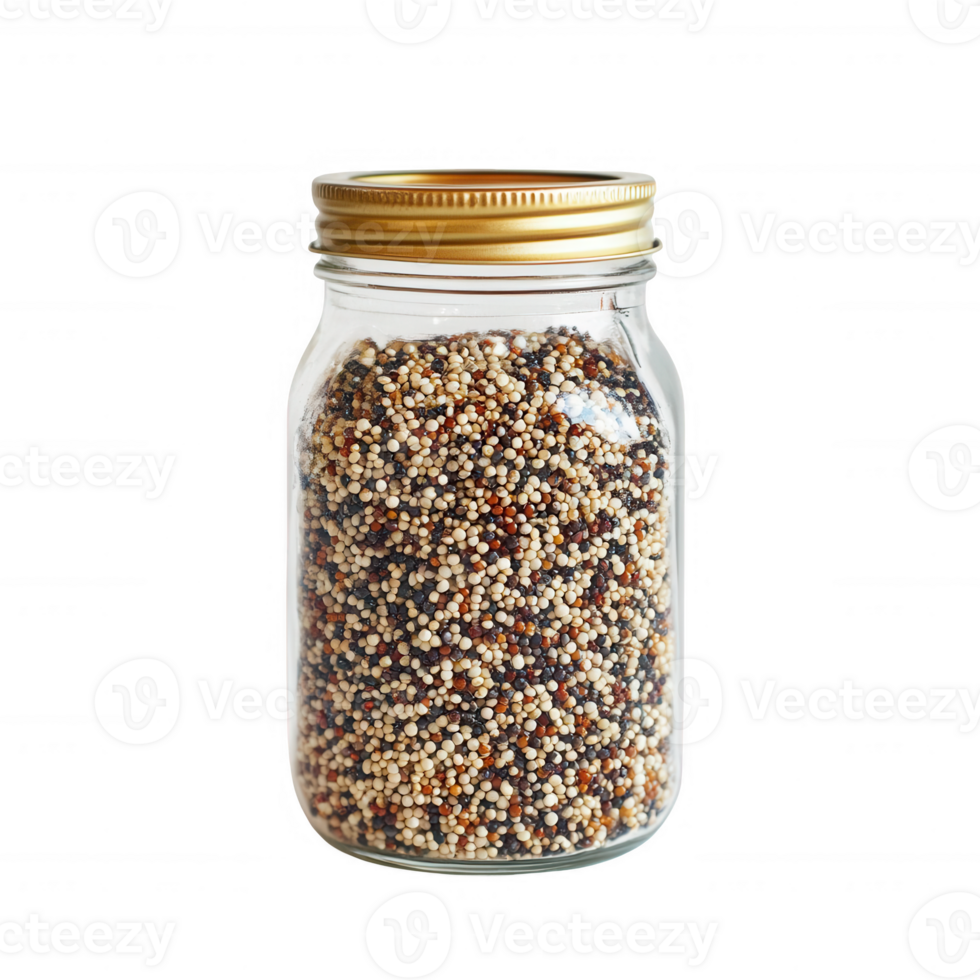 A jar filled with colorful quinoa, showcasing various shades and textures. png