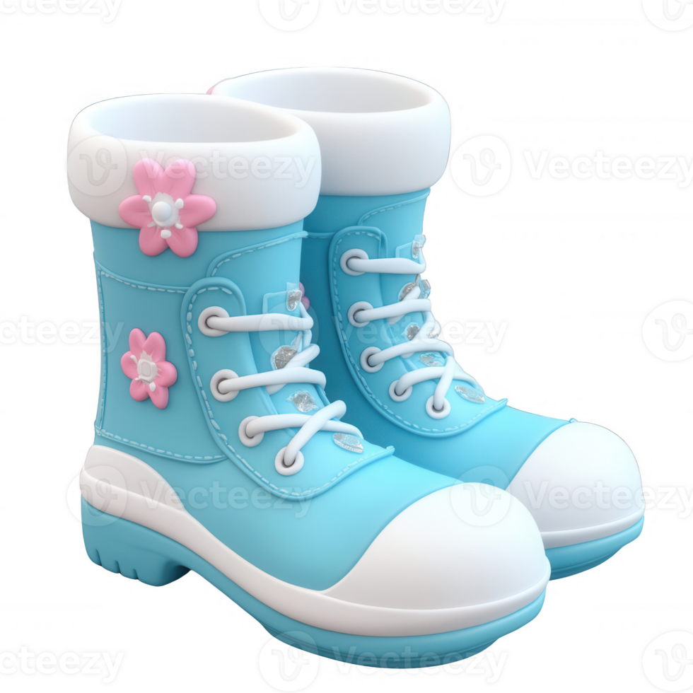 Colorful blue rain boots adorned with flowers, perfect for playful outdoor adventures. png