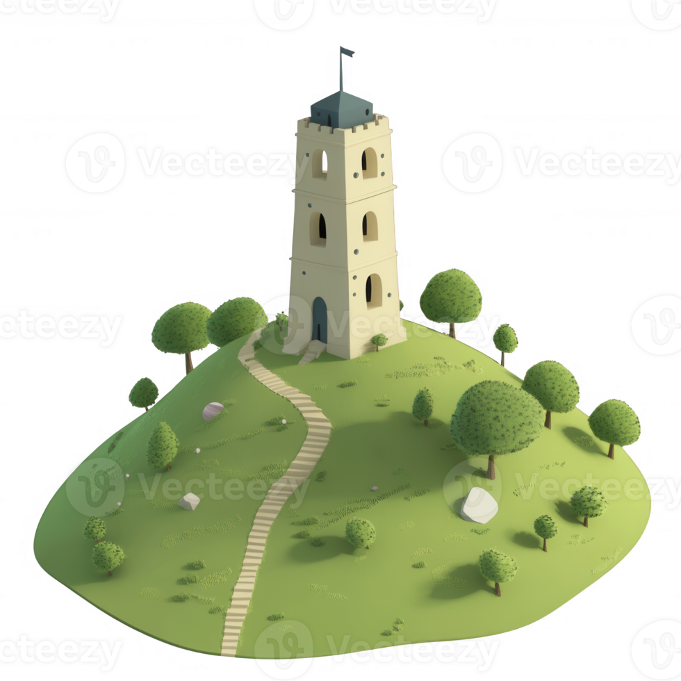 A whimsical tower atop a hill surrounded by lush greenery and a winding path. png