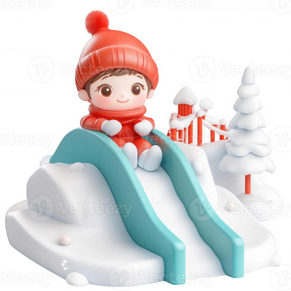 A cheerful child enjoying a winter day on a colorful snow slide. png