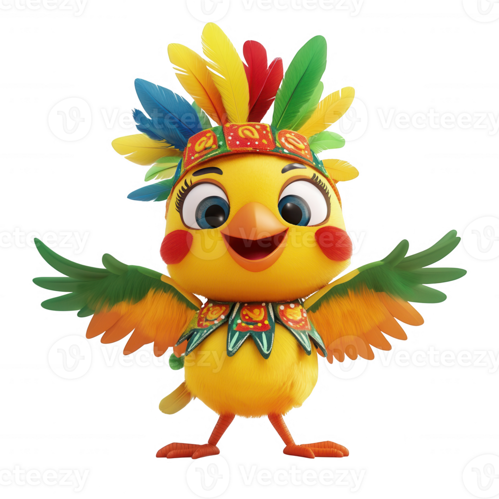 A cheerful cartoon bird wearing colorful feathers and a joyful expression. png
