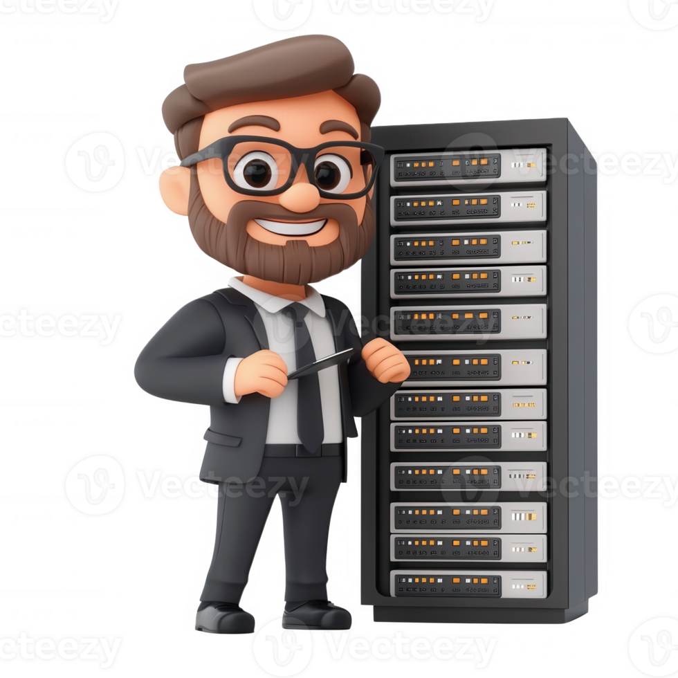 A cheerful cartoon character standing by a server rack in a modern office environment. png