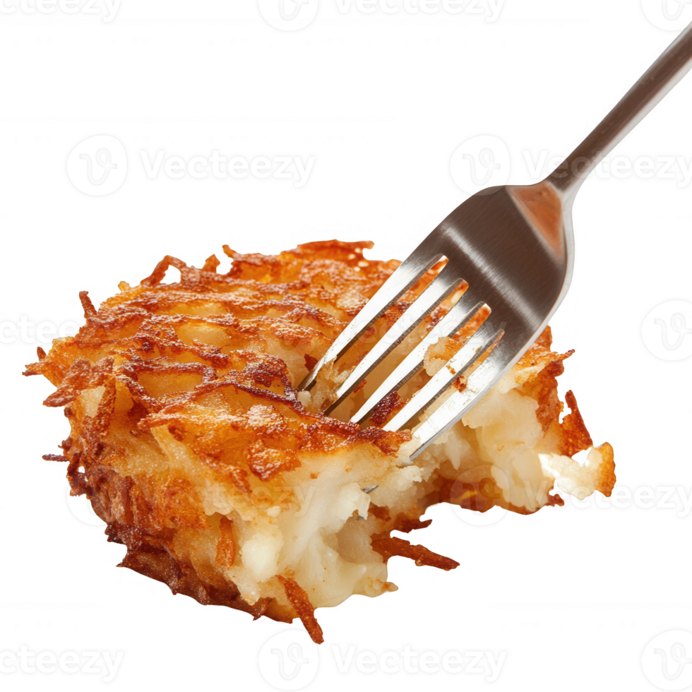A crispy hash brown cut with a fork, showcasing delicious golden texture and flavor. png