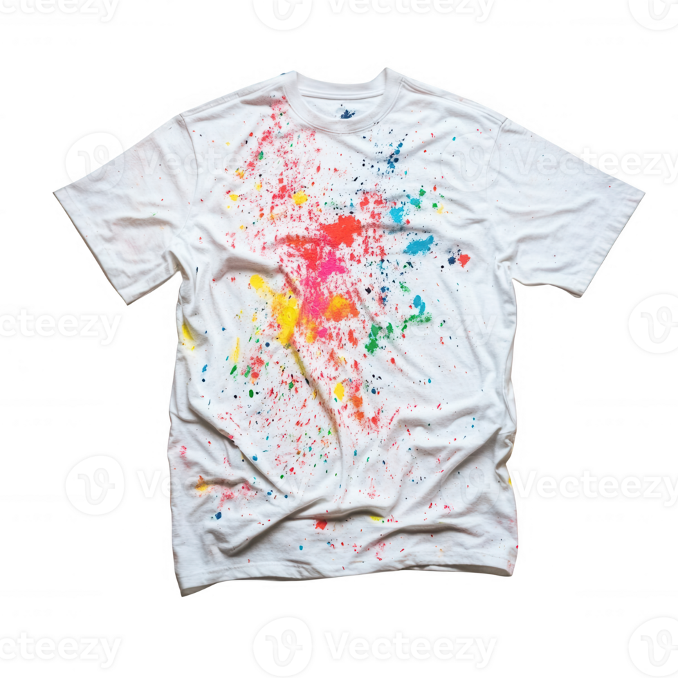 A colorful splattered design on a white t-shirt, showcasing artistic expression. png