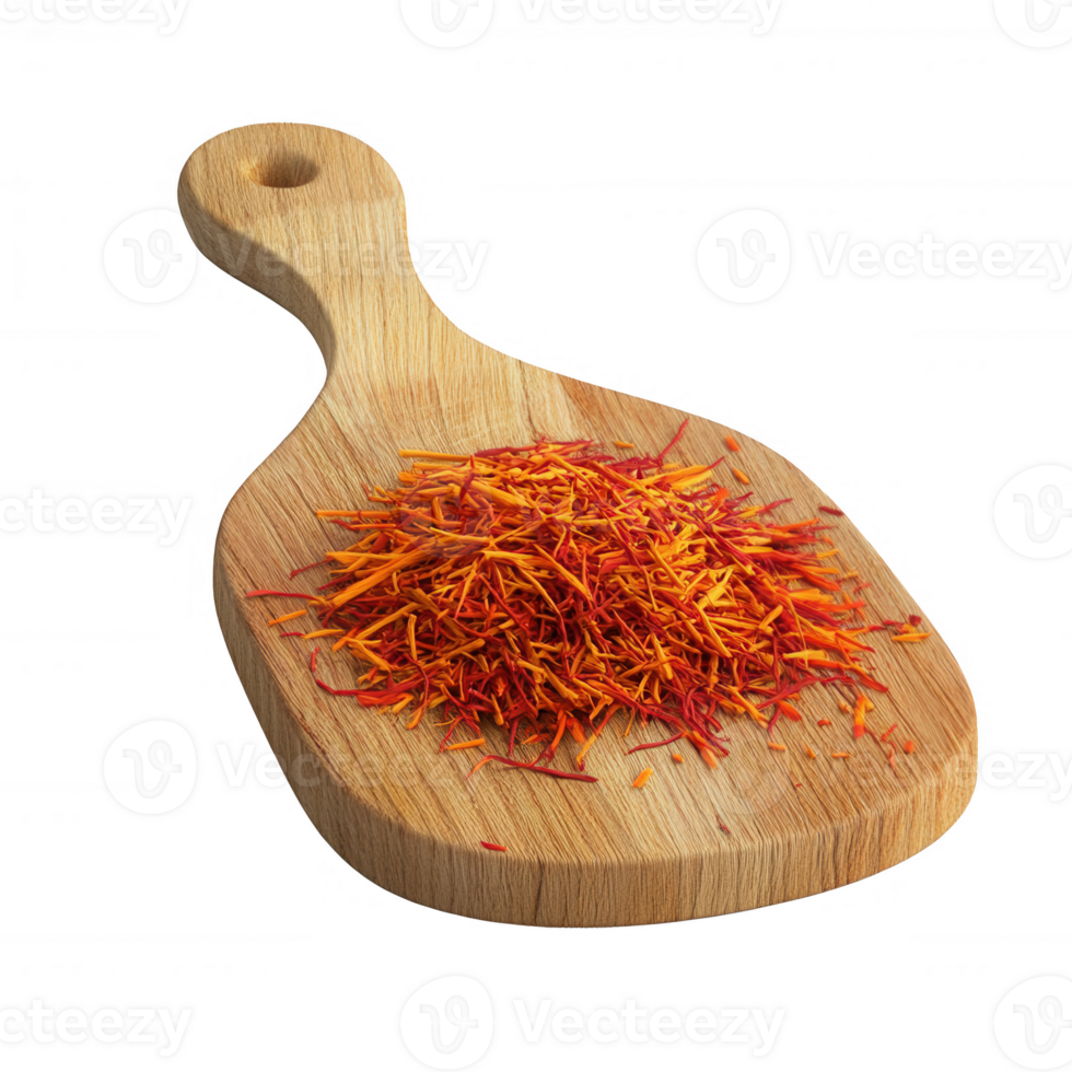A vibrant pile of saffron strands on a wooden cutting board, highlighting culinary artistry. png