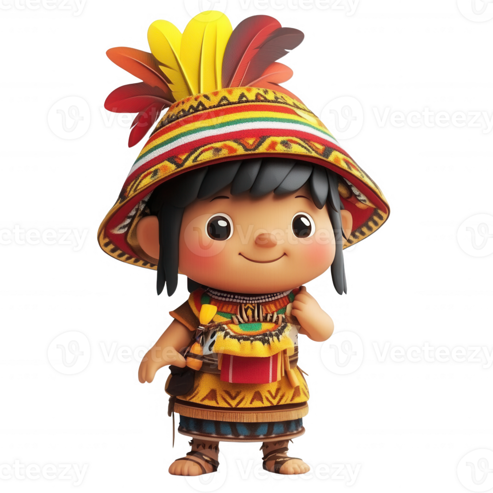 A cheerful character in traditional attire with vibrant colors and feathers. png