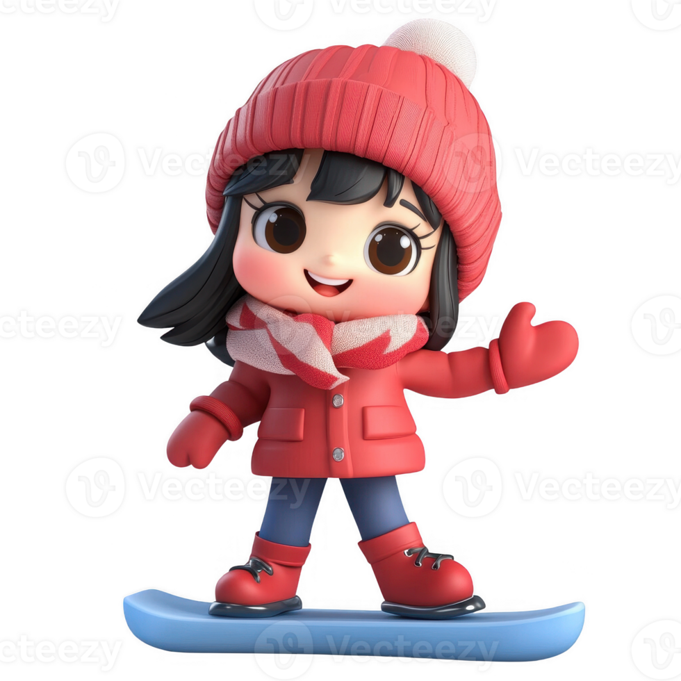 A cheerful cartoon girl enjoying a fun snowboarding adventure in winter attire. png