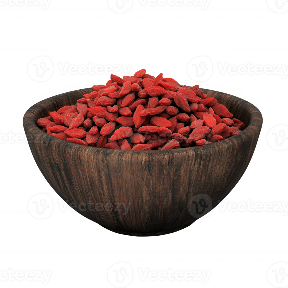 A rustic wooden bowl filled with vibrant goji berries, showcasing natural health benefits. png