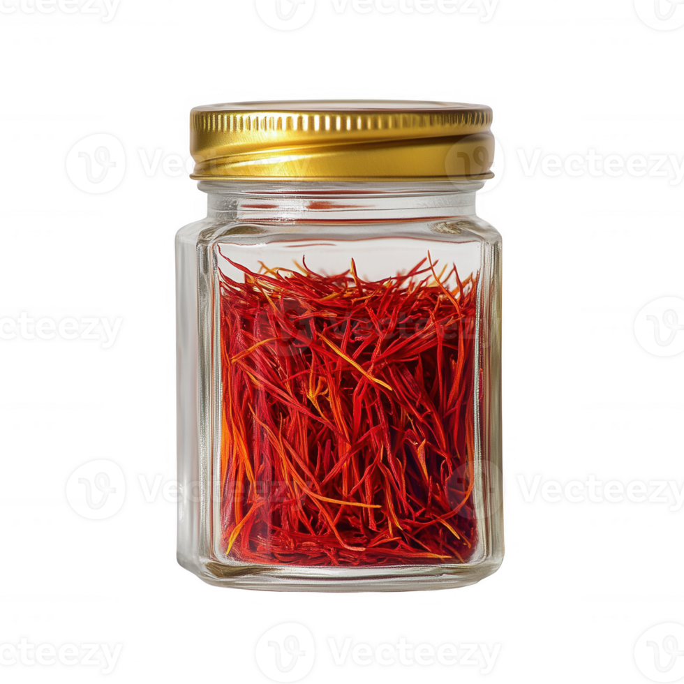 A jar of vibrant saffron strands, known for its unique flavor and color. png
