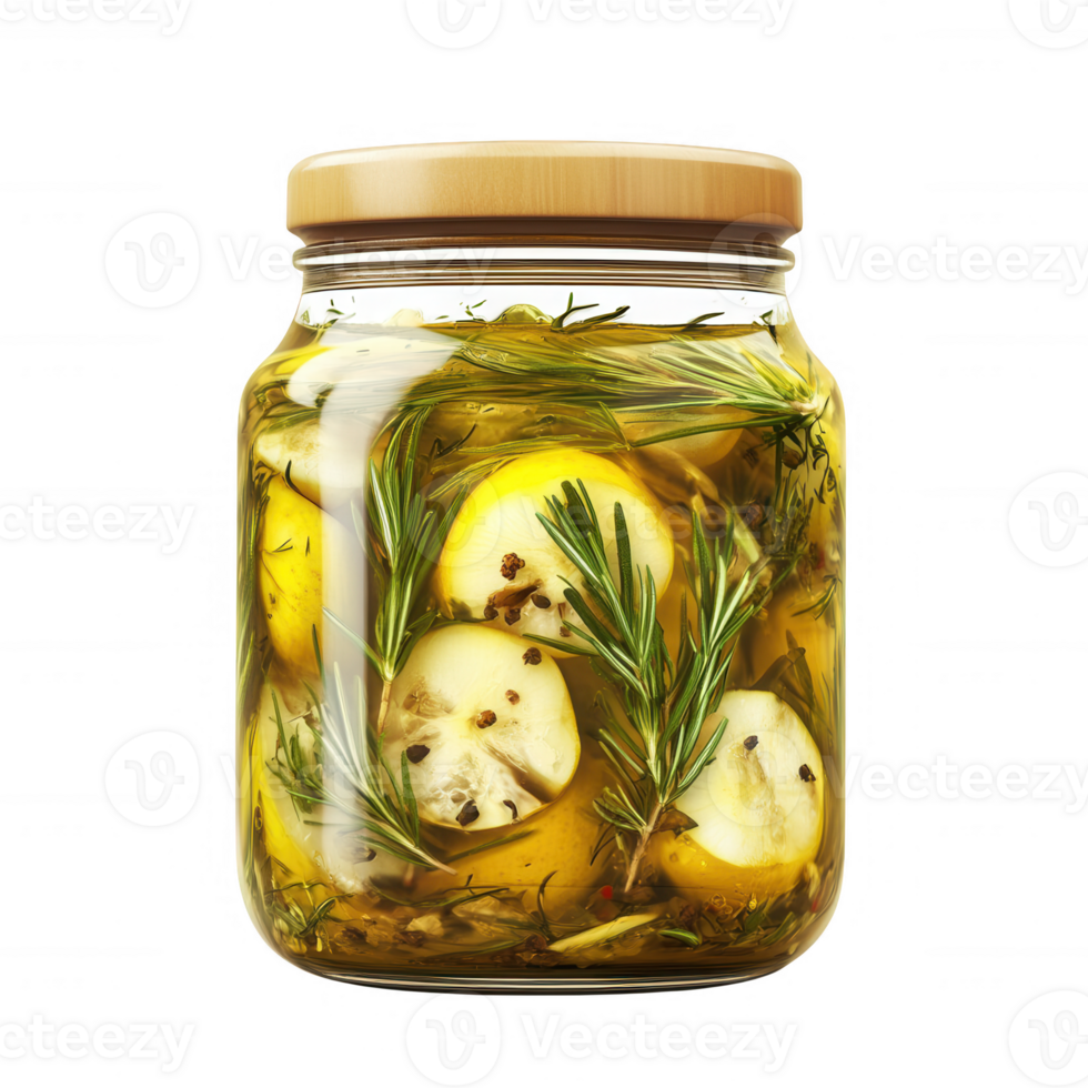 A jar filled with pickled vegetables and fresh herbs, showcasing vibrant colors and textures. png