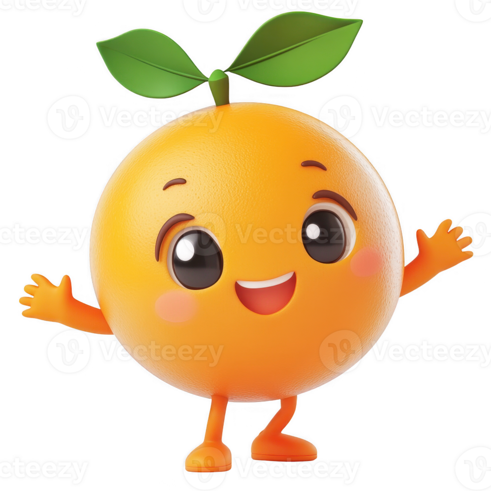 A cheerful cartoon orange character with green leaves and a happy expression. png
