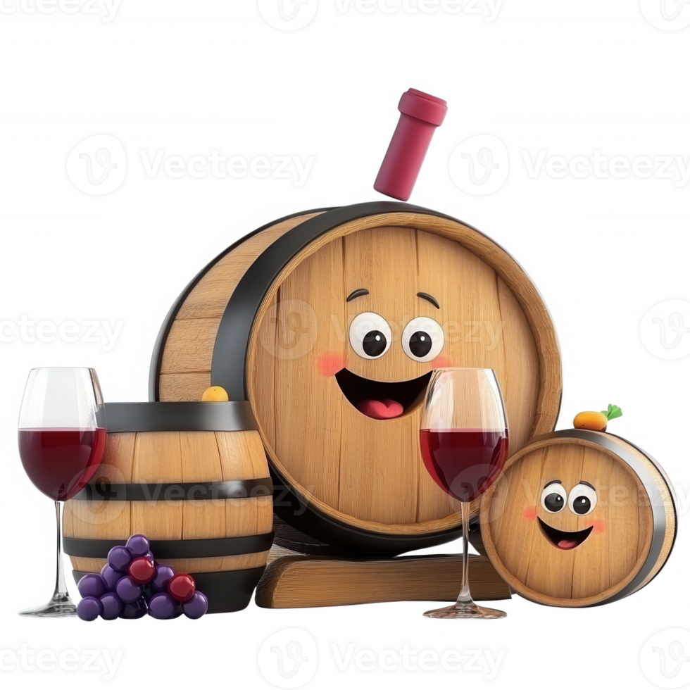 Cheerful cartoon wine barrels and glasses filled with red wine and grapes. png