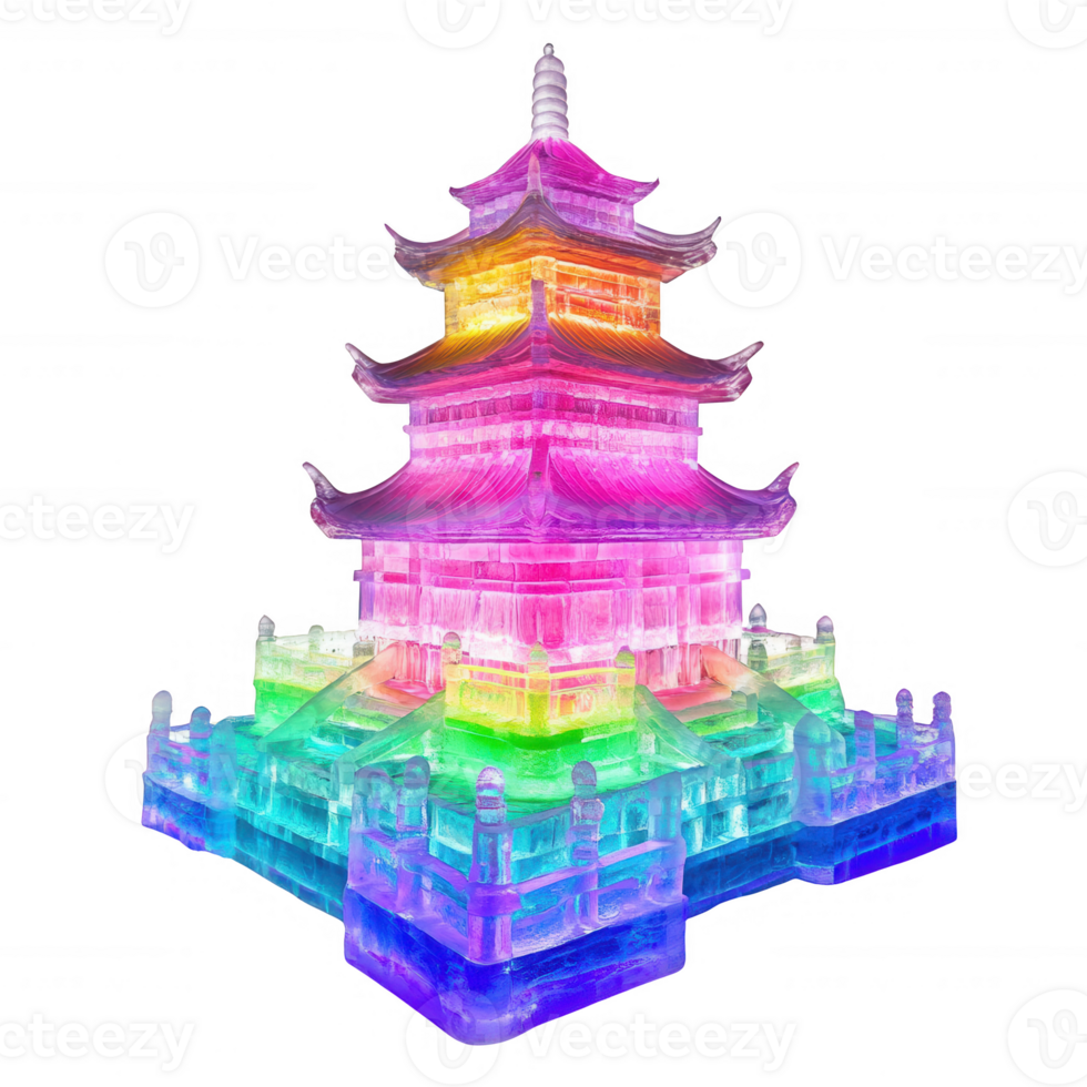 A vibrant multicolored ice sculpture resembling an ornate pagoda