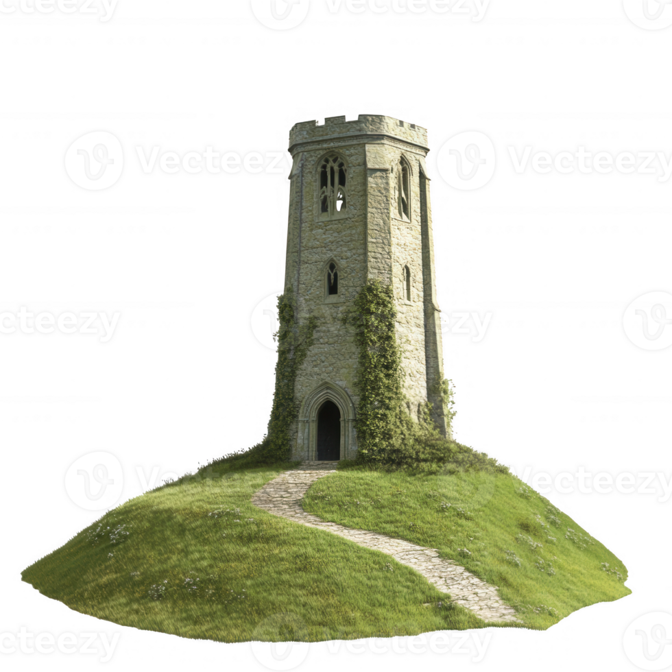 A charming ancient tower surrounded by lush greenery and a winding pathway. png