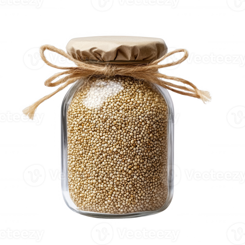 A jar filled with golden quinoa seeds, featuring a rustic tied twine on the lid. png