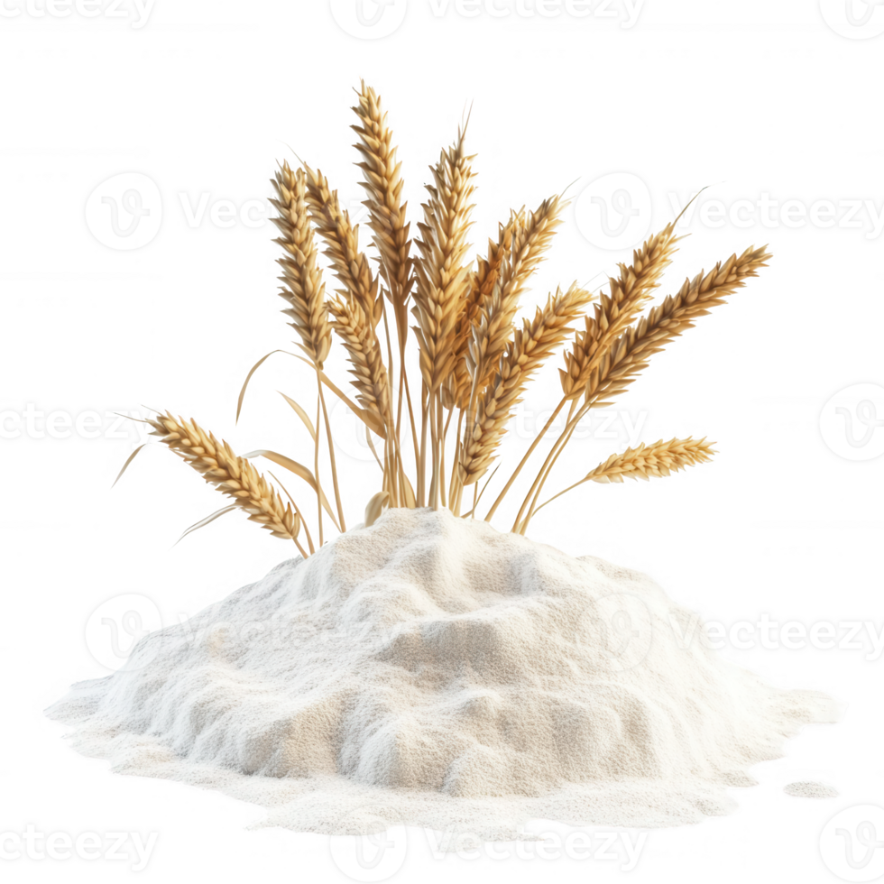 A pile of flour with wheat stalks, symbolizing grain production and baking. png