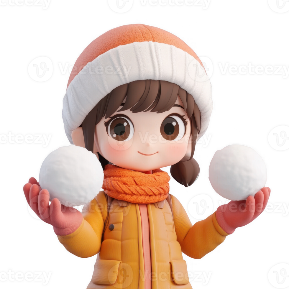 A cheerful girl holding snowballs, ready for winter fun and play. png