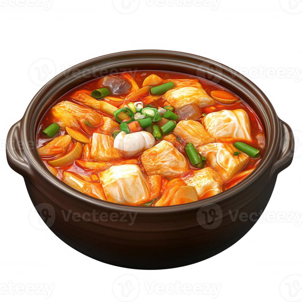 A vibrant bowl of spicy stew filled with fresh vegetables and protein-rich ingredients. png