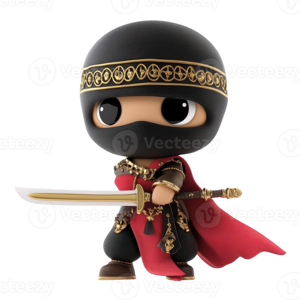 A cute chibi ninja character wielding a sword, dressed in traditional attire. png