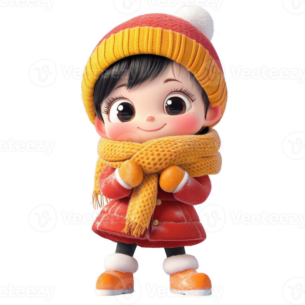 A cheerful child in winter attire, smiling warmly with a bright scarf and hat. png