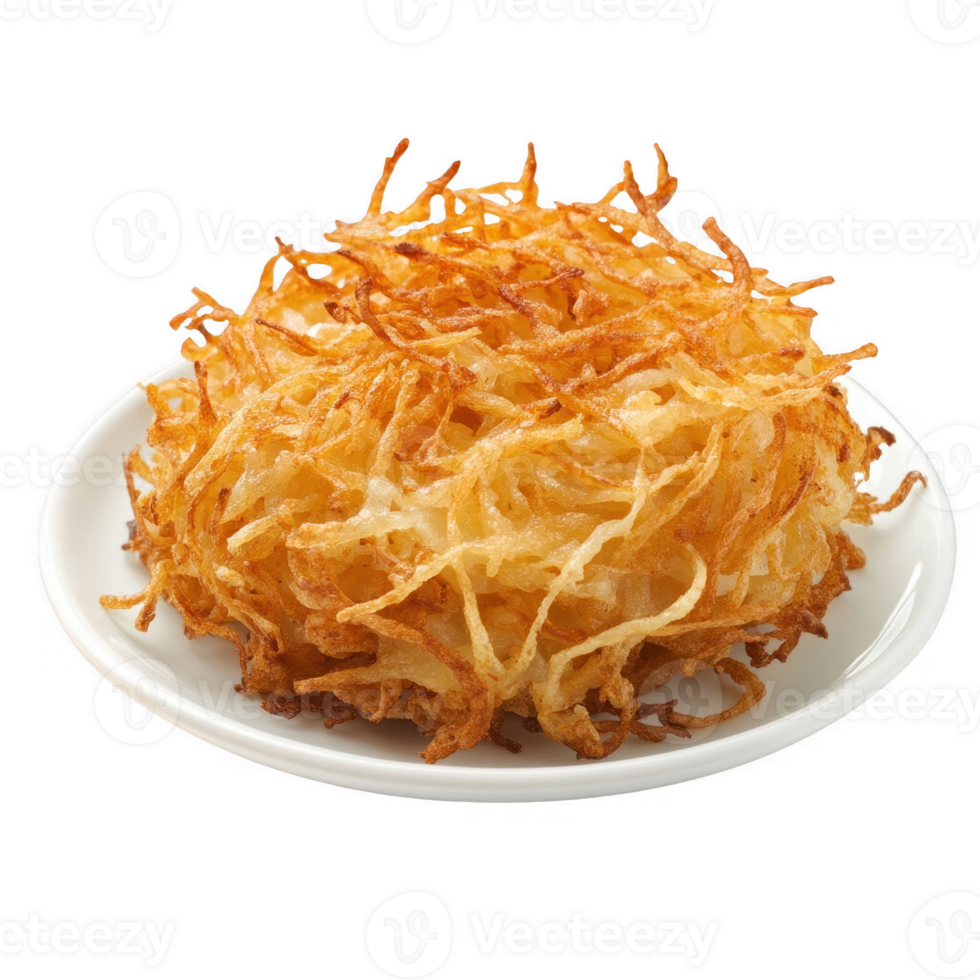 Crispy golden potato nest on a white plate, perfect for a delicious snack or meal. png