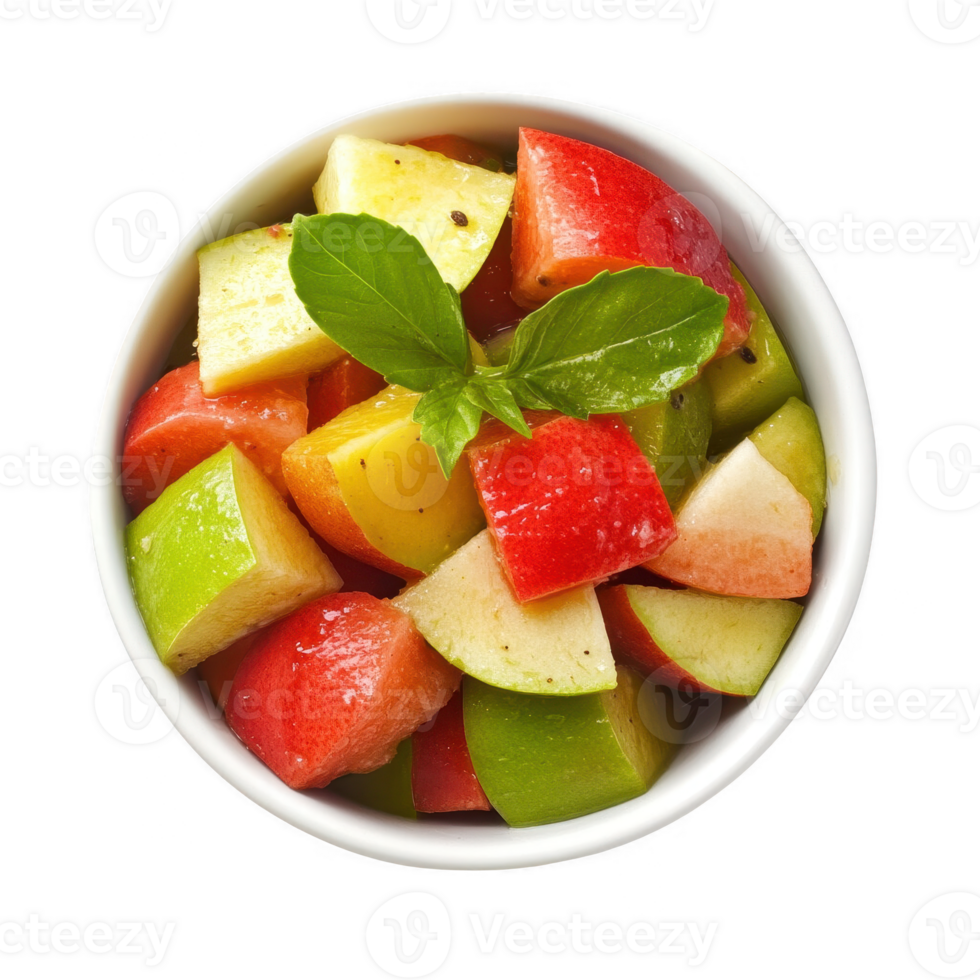 Colorful mixed fruit salad served in a bowl with fresh mint leaves on top. png