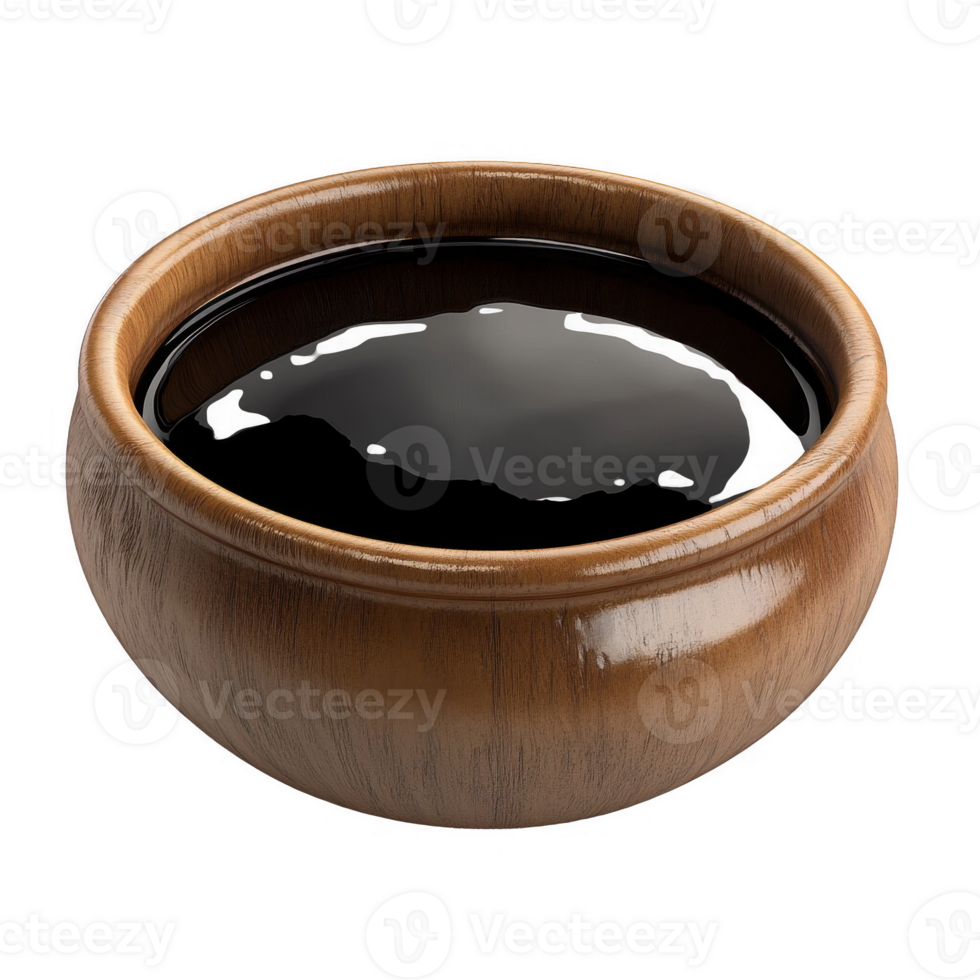A rustic wooden bowl filled with rich, dark liquid, perfect for culinary use. png