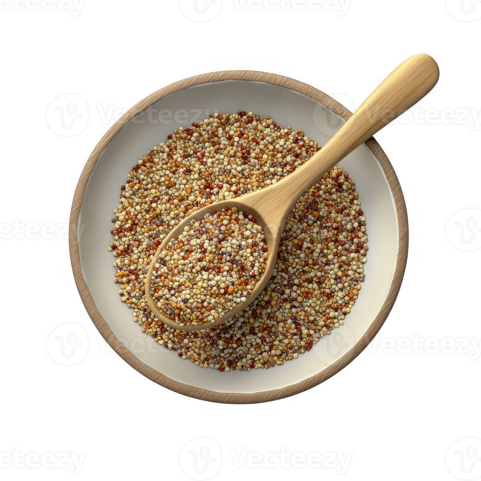 A wooden spoon full of colorful quinoa grains in a bowl on a white background. png