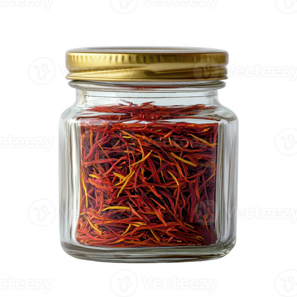 A glass jar filled with vibrant saffron threads, showcasing its rich color and aroma. png