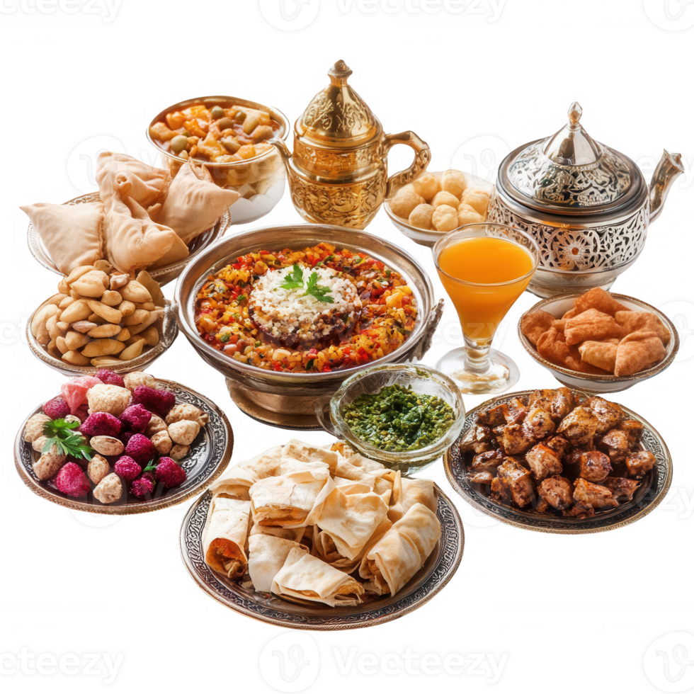 A vibrant spread of traditional dishes and drinks on a decorative table. png