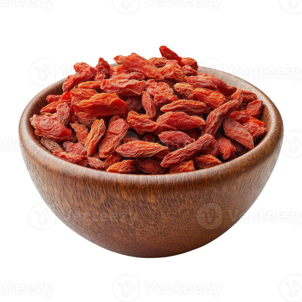 A wooden bowl filled with vibrant, dried goji berries showcasing their rich color and texture. png
