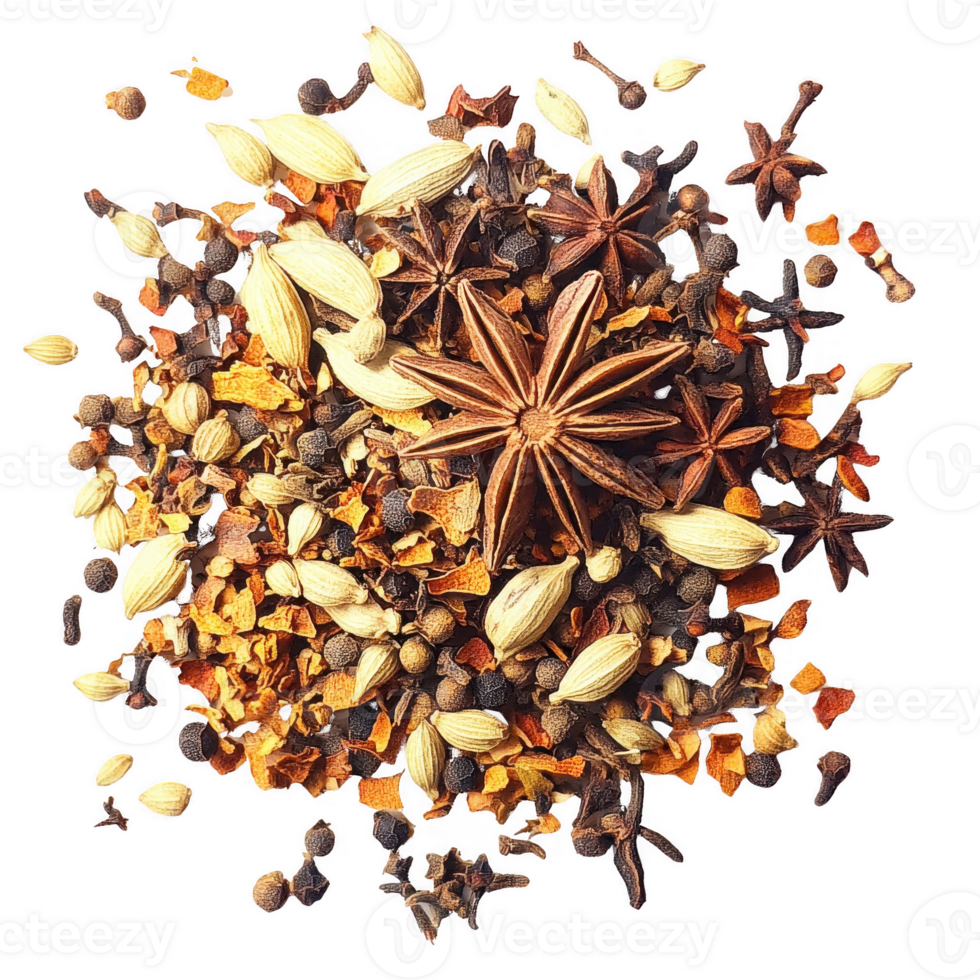 A colorful mix of various spices, showcasing texture and flavor potential. png