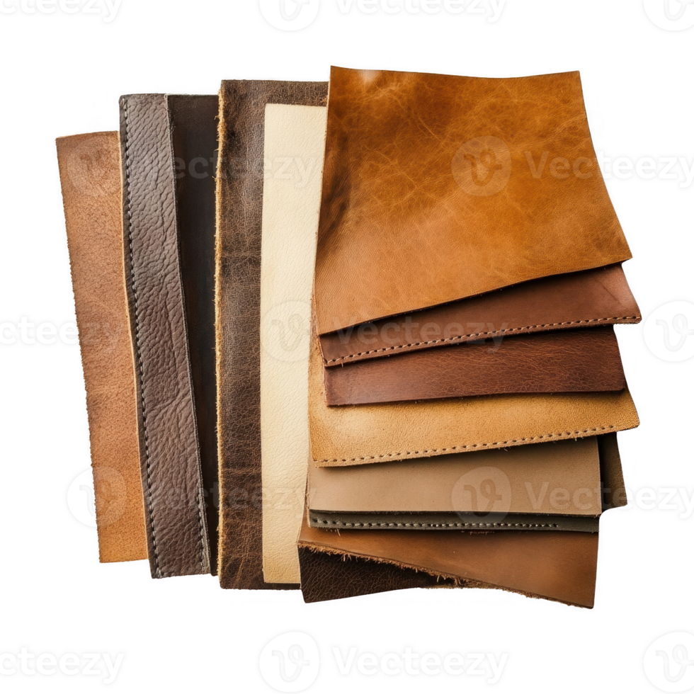 A collection of various leather swatches in different shades and textures for crafting. png