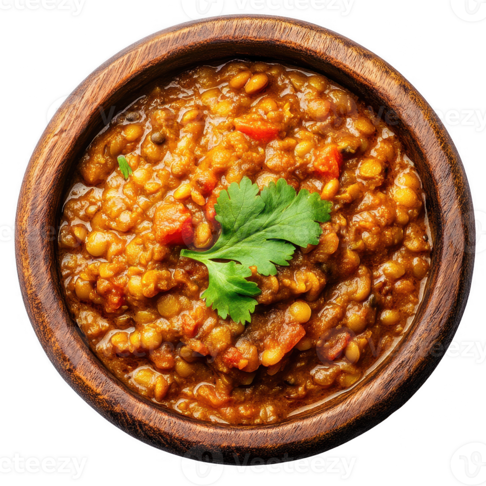 A delicious bowl of lentil stew garnished with fresh herbs and vibrant vegetables. png