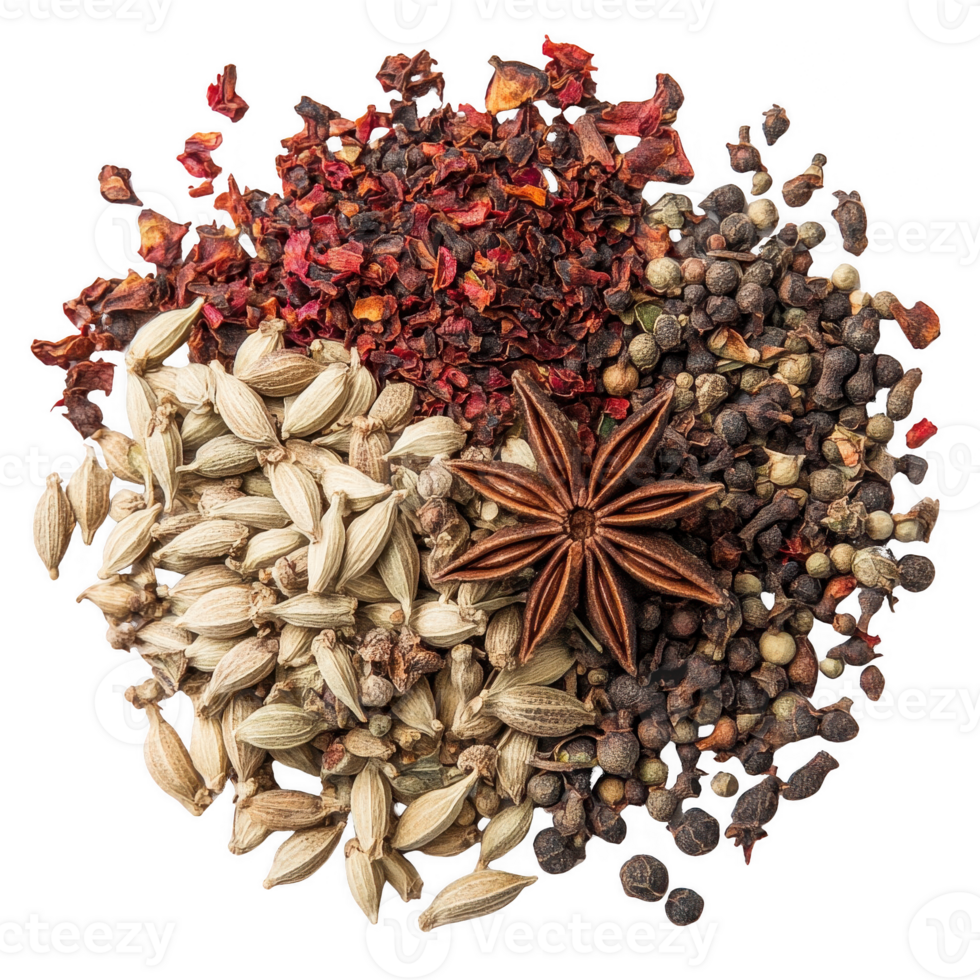 A vibrant assortment of various spices arranged beautifully for culinary purposes. png