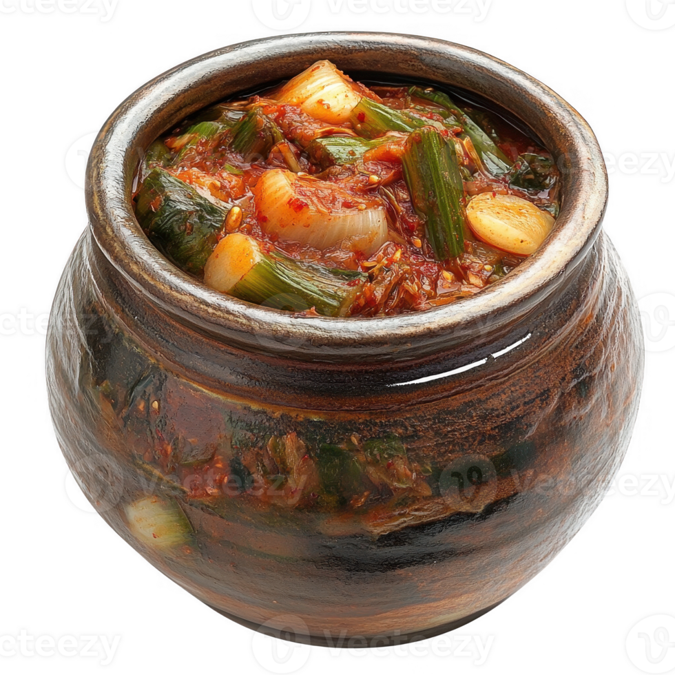 A traditional clay pot filled with delicious, spicy fermented vegetables and seasoning. png