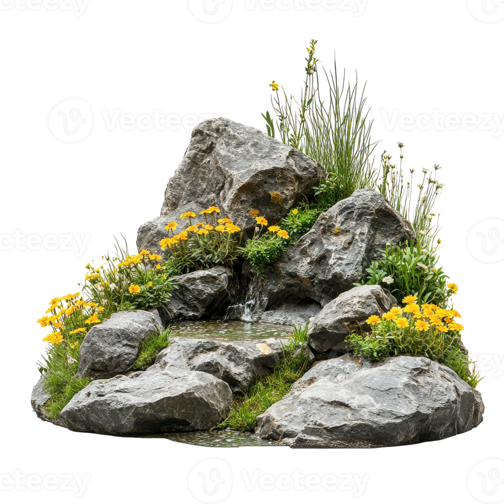 roccia giardino con acqua caratteristica e giallo fiori su trasparente sfondo png