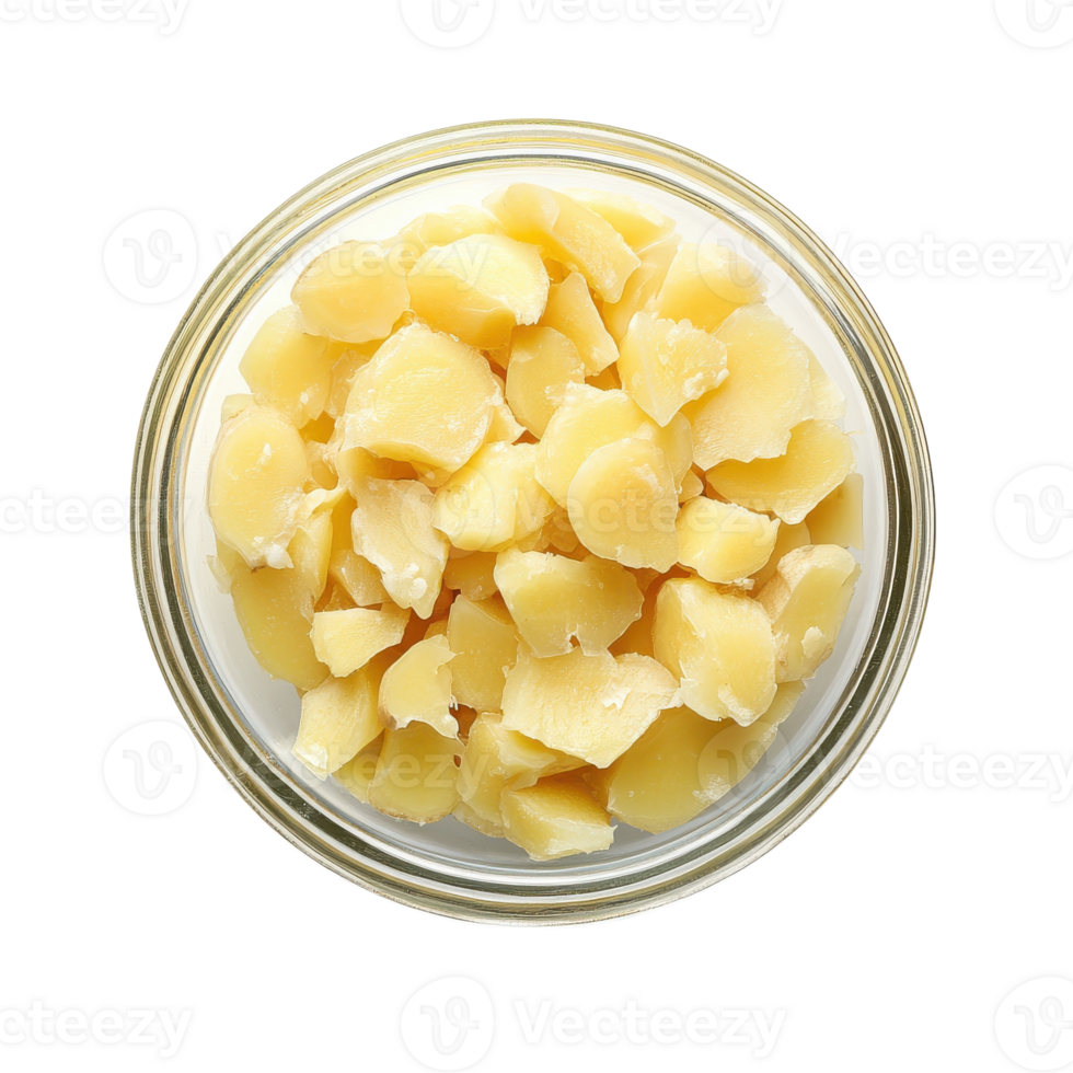 Clear Glass Bowl of Ginger for Cooking and Garnishing on transparent background png