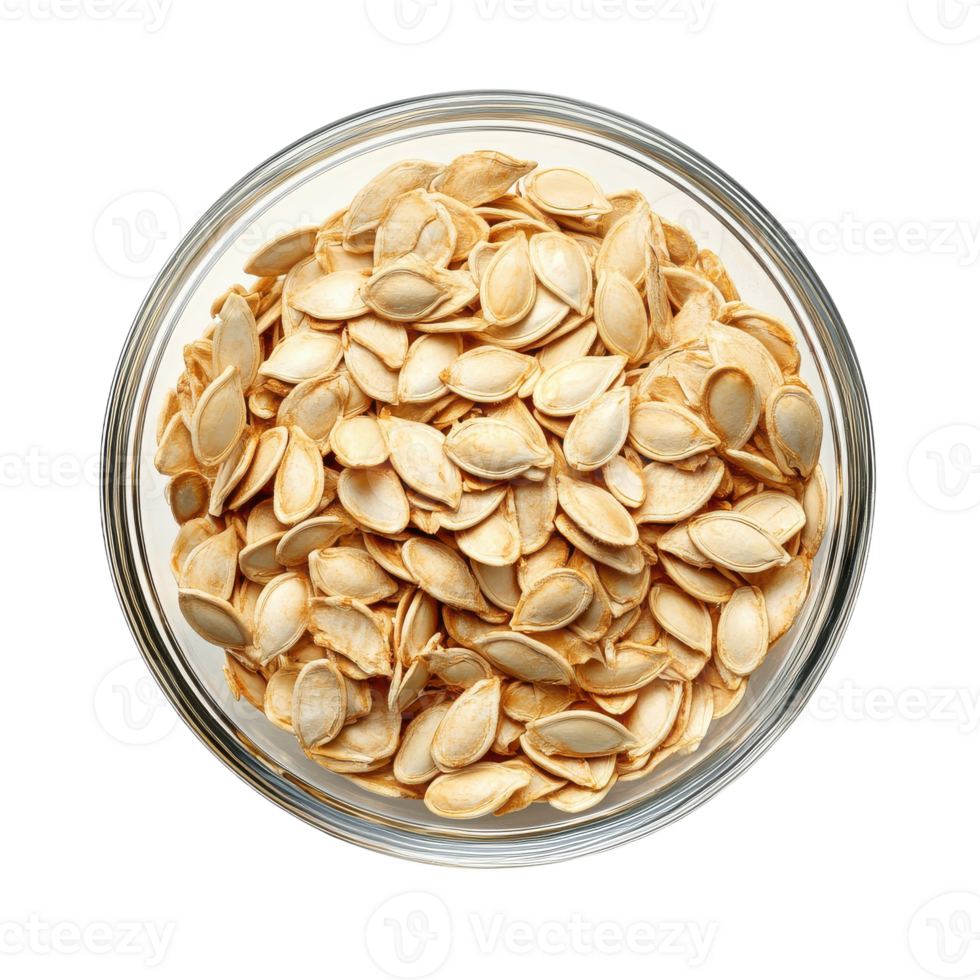 Top View of Clear Glass Bowl Filled with Pumpkin Seeds for Healthy Snacking on transparent background png