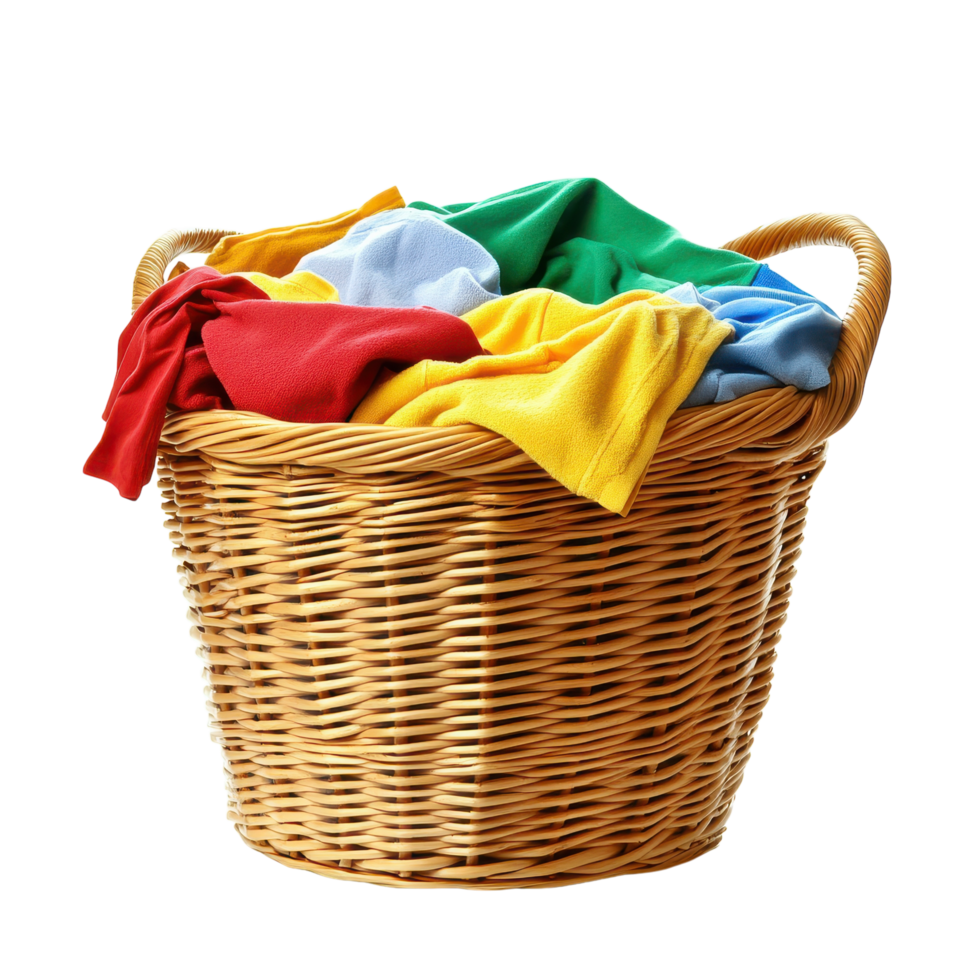Wicker Laundry Basket Filled with Fresh Clothes for Home Organization on transparent background png