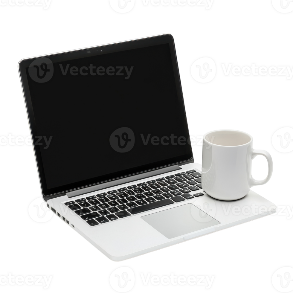 Closed Laptop with Coffee Mug on White Background for Work or Relaxation on Transparent Background png