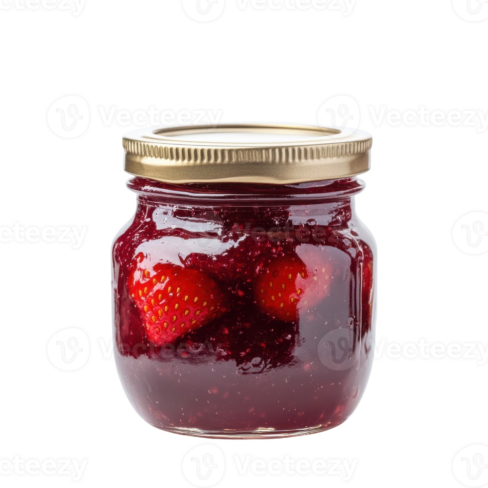 Glass Jar of Strawberry Jam for Delicious Breakfasts or Desserts on Transparent Background png