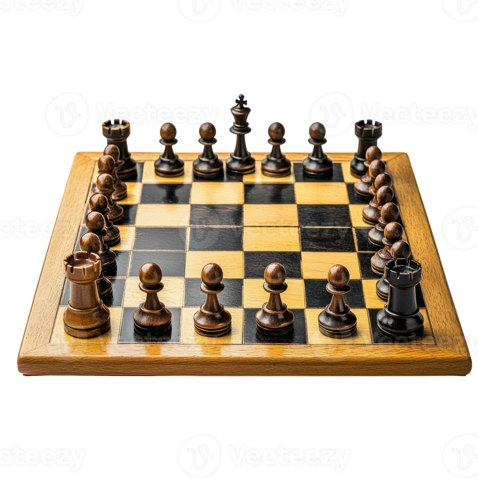 Polished Wooden Chessboard with Neatly Arranged Pieces on Transparent Background png