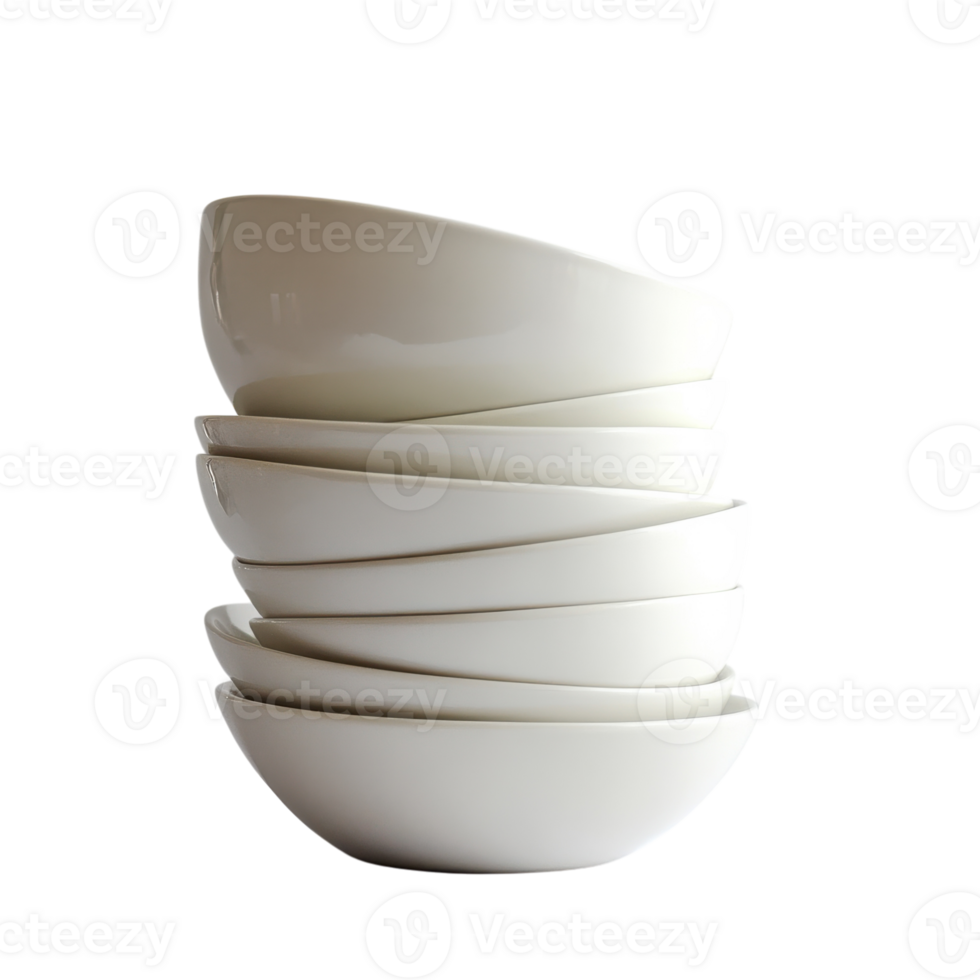 Stacked White Ceramic Bowls for Kitchen Decor and Culinary Use on Transparent Background png